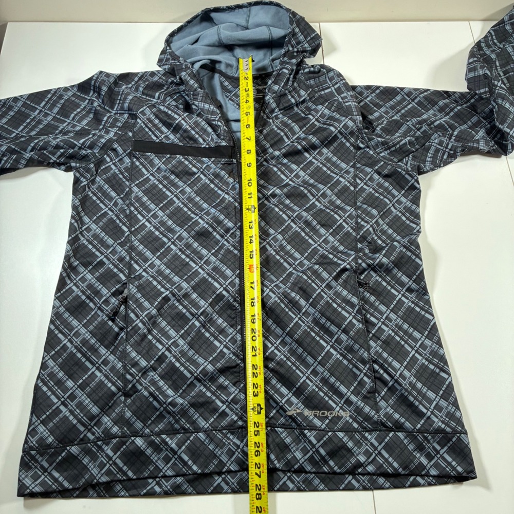Brooks Shelter Tech Running Jacket Large Grey Black Plaid Full Zip Hooded - Picture 7 of 8